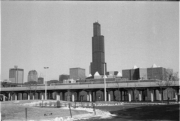 UIC BRIDGE AND CAMPUS AGAINST DOWNTOWN SKYLINE 1974_35